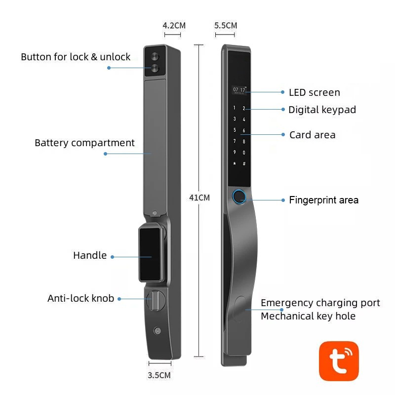 Smart Lock SL10 - Keyless Entry - Fingerprint, Pass code, key card, Mobile App (Wifi) Rechargeable Battery - BAS Kuwait