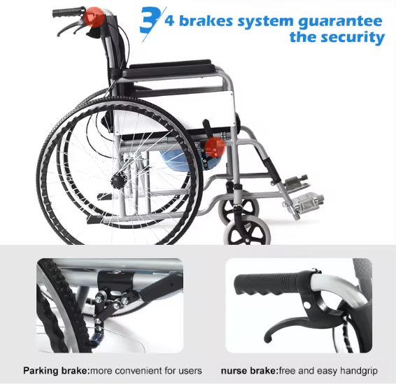Wheelchair Foldable Grey Super Light Weight Manual With 3 brakes Comfortable For Home And Hospital - BAS Kuwait