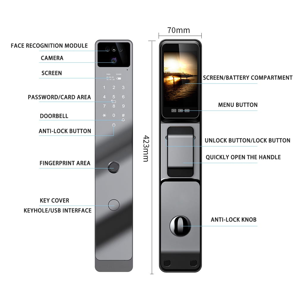 Smart Lock Z20 - Keyless Entry - Face recognition, Fingerprint, Pass code, key card, Mobile App (Wifi) Rechargeable Battery - BAS Kuwait