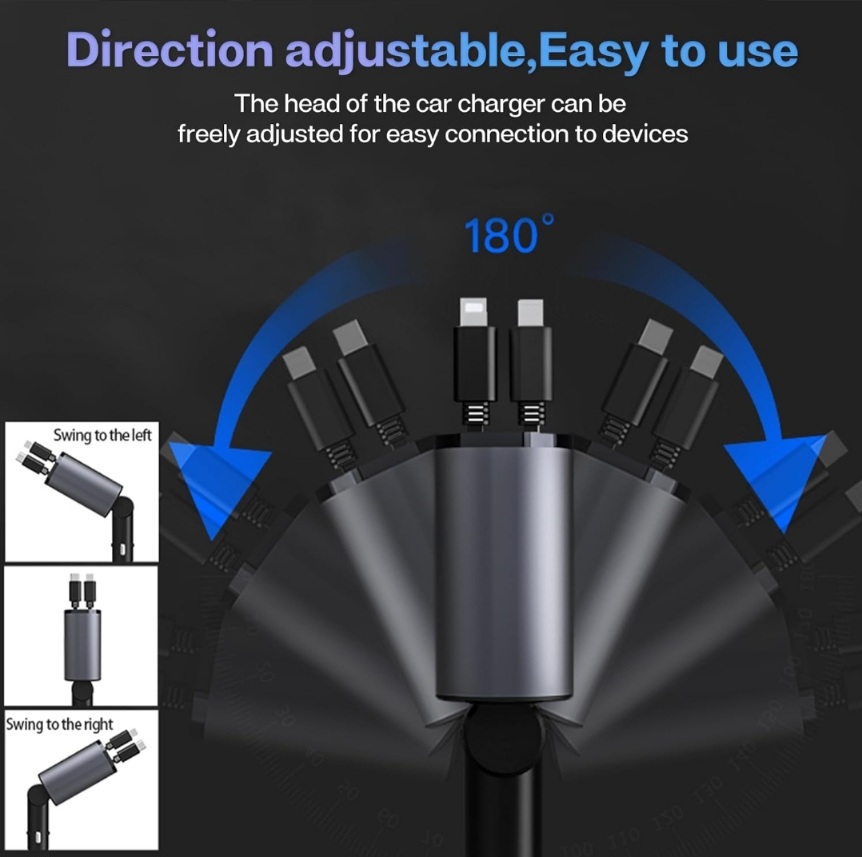 Retractable Car Charger 4 in 1 Fast Car Phone Charger 120W Retractable Cables and 2 USB Ports Car Charger Adapter - BAS Kuwait