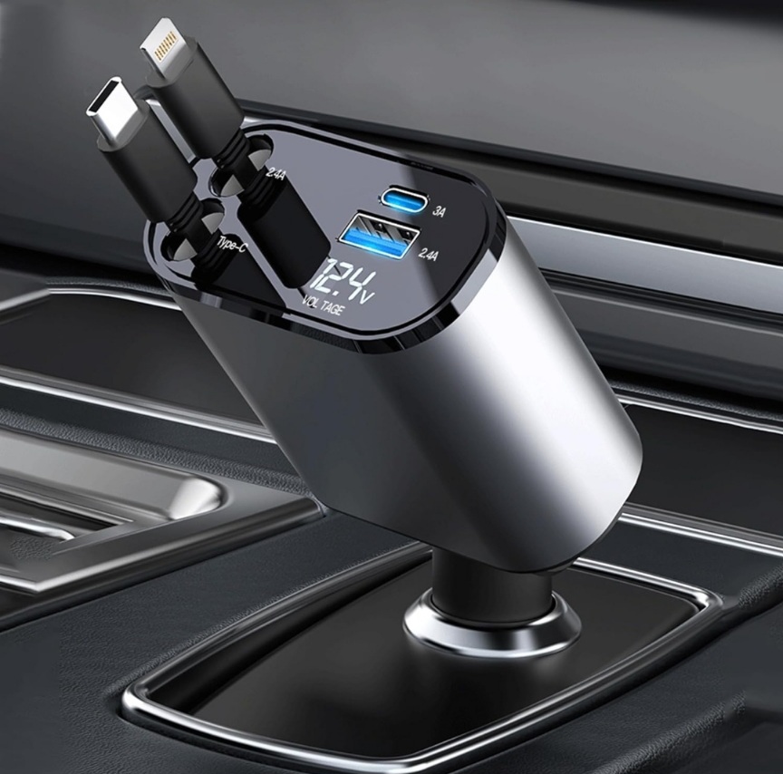 Retractable Car Charger 4 in 1 Fast Car Phone Charger 120W Retractable Cables and 2 USB Ports Car Charger Adapter - BAS Kuwait